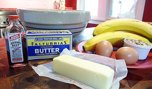 the cast of ingredients for banana nut loaf cake